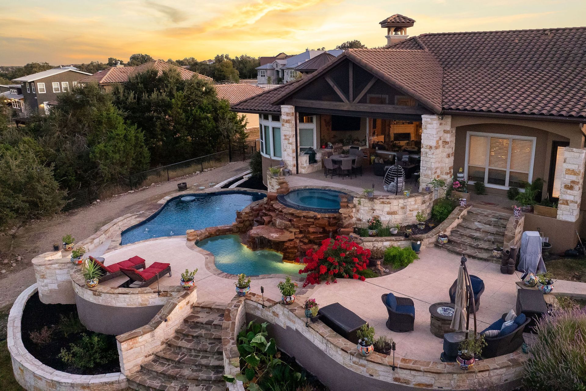 backyard pool at sunset
