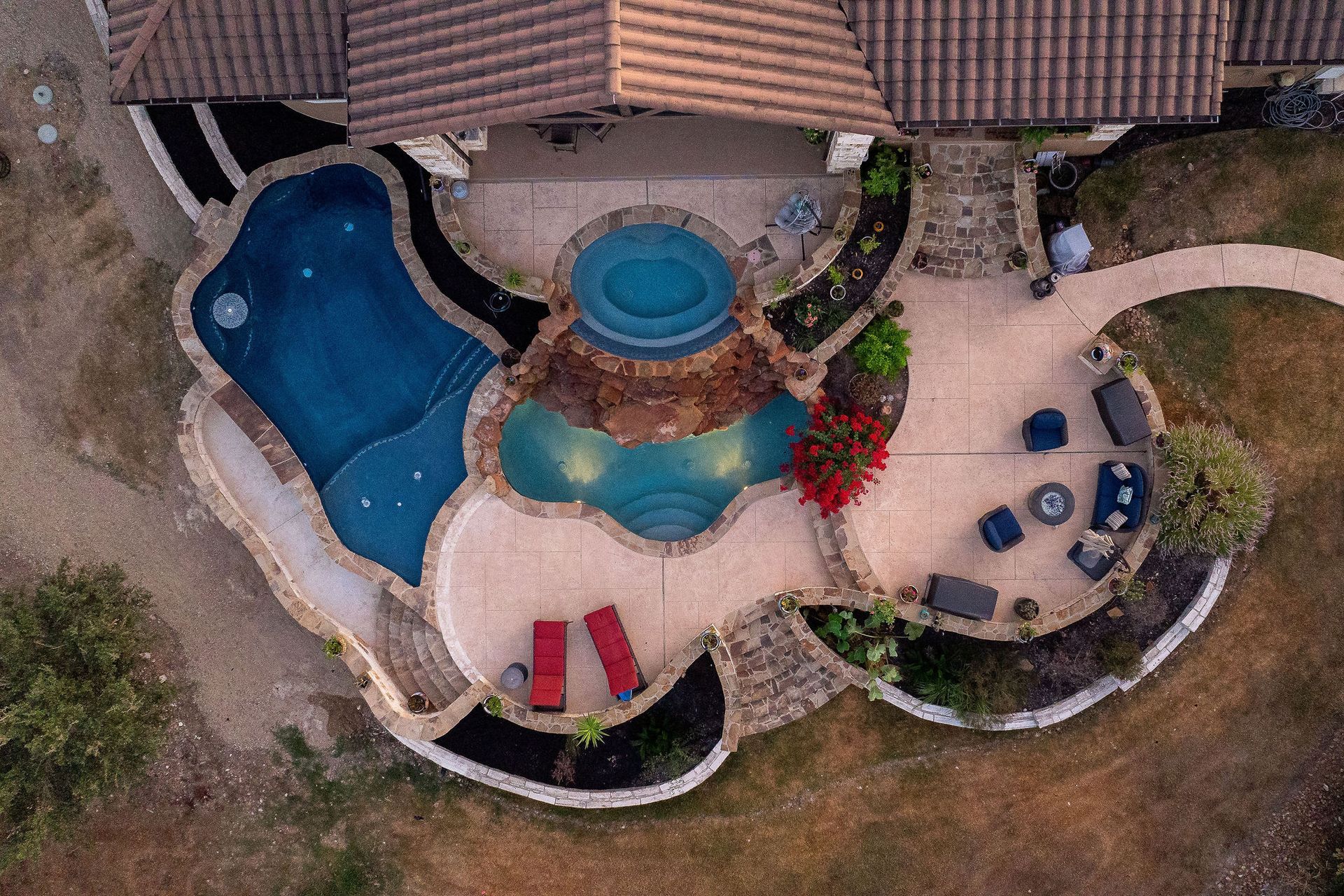 backyard pool at sunset