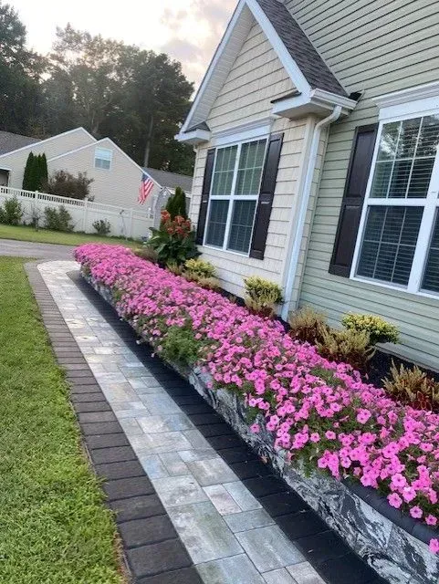 Suburban house with pink flower bed along a stone walkway and green lawn