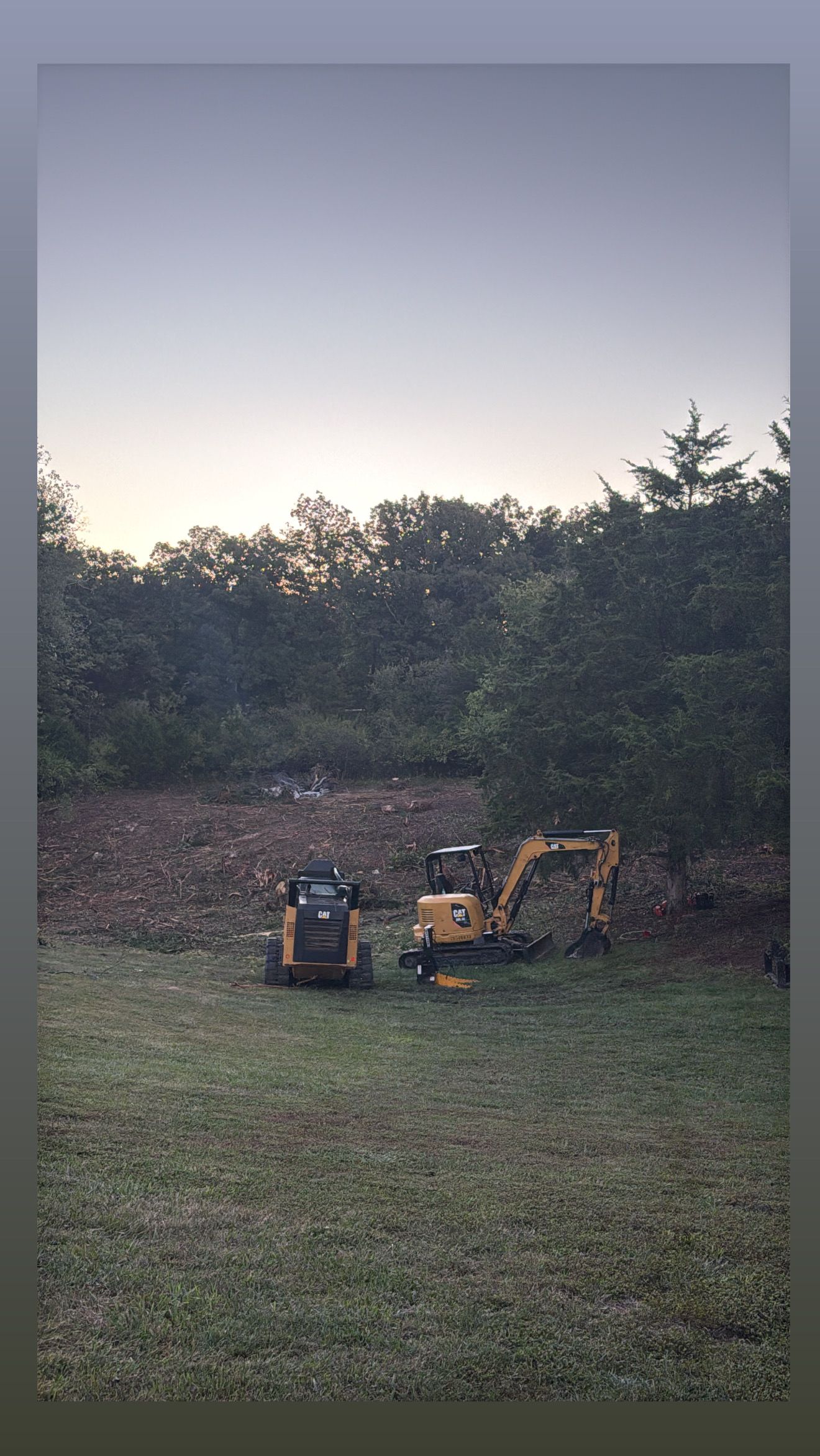 Two yellow excavators beside a wooded brush pile at dusk in a grassy field