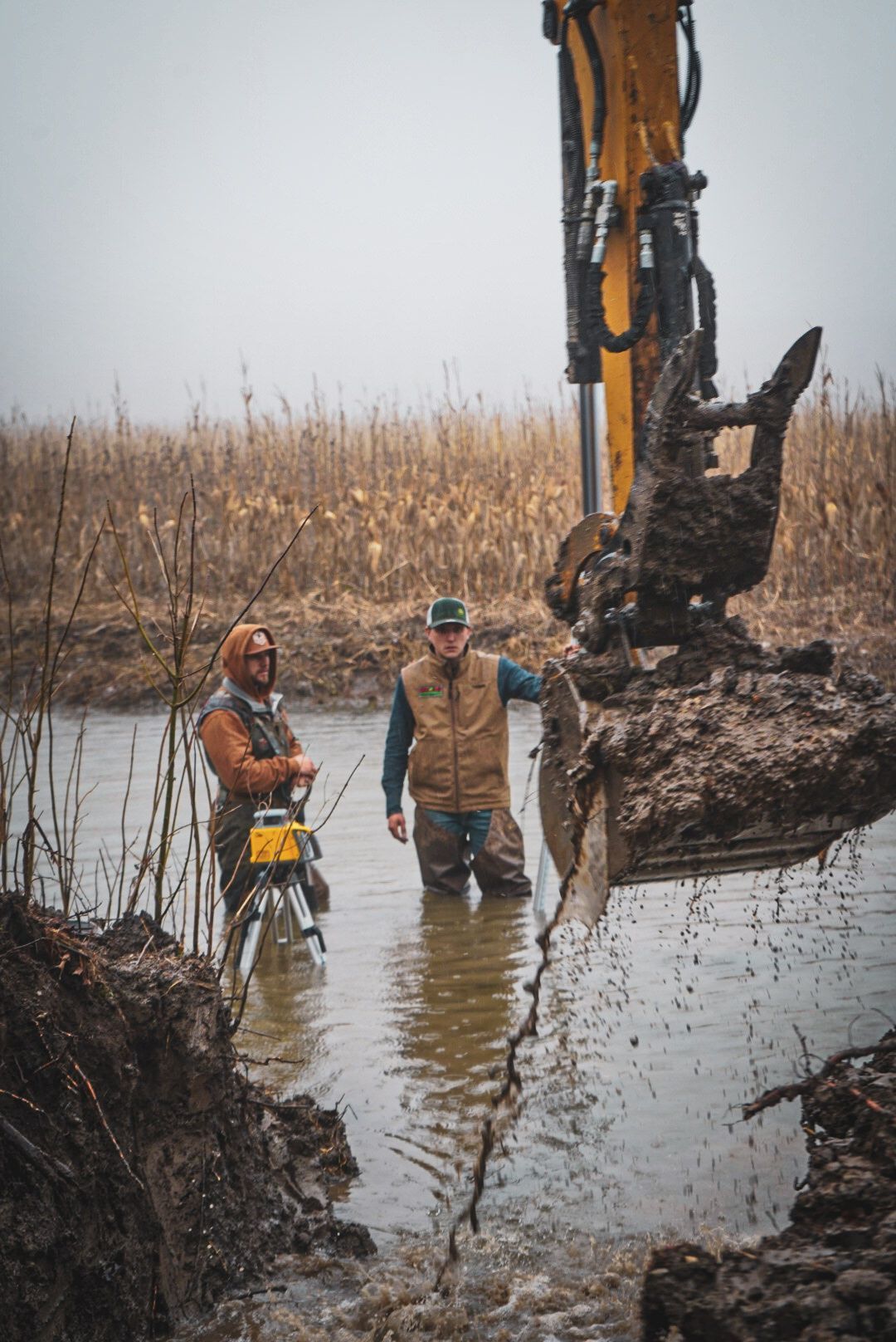 Workers in a flooded field guide a machine lifting a large clump of roots.