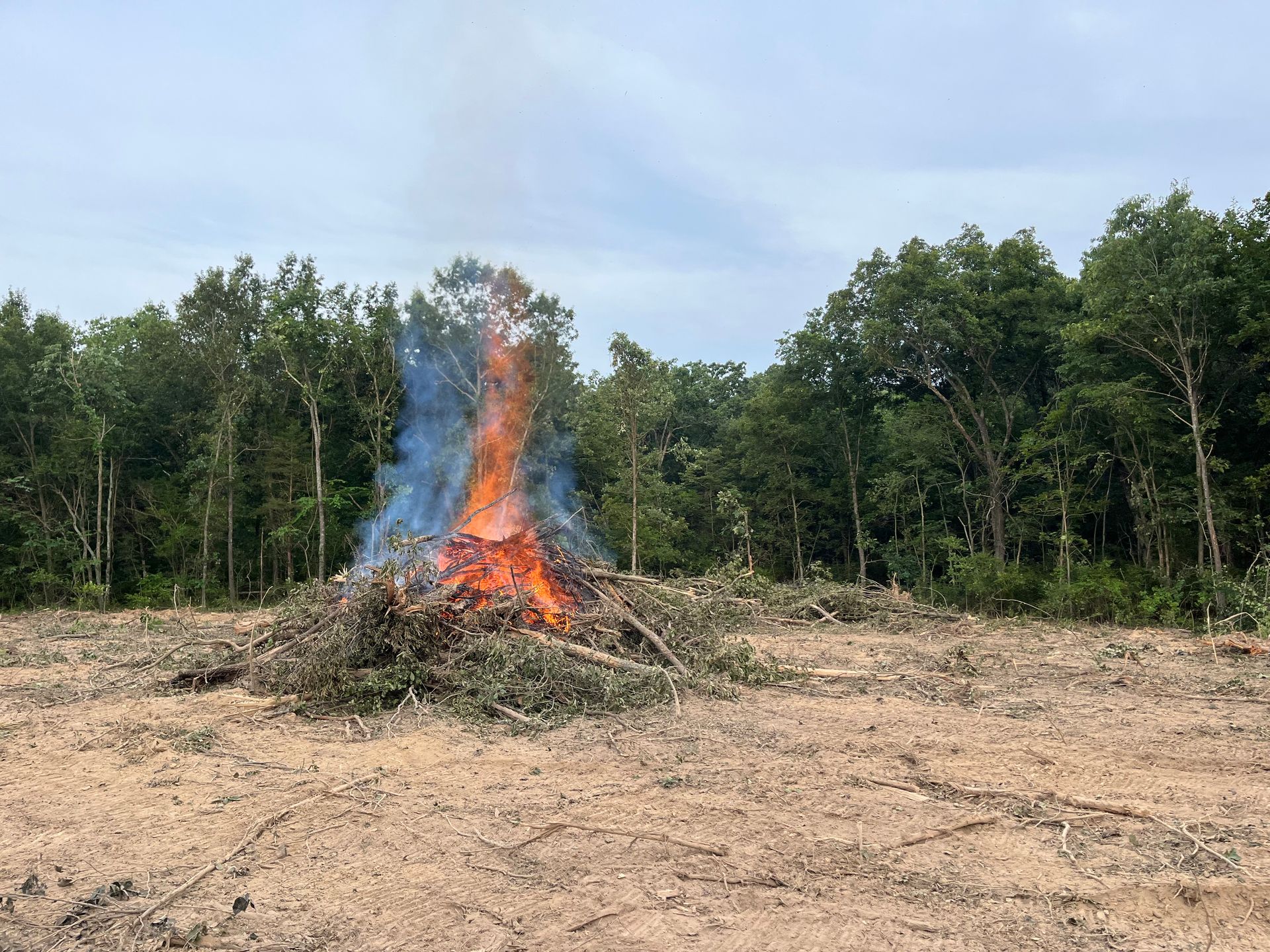 Brush pile fire burning in a cleared field beside a forest under a cloudy sky