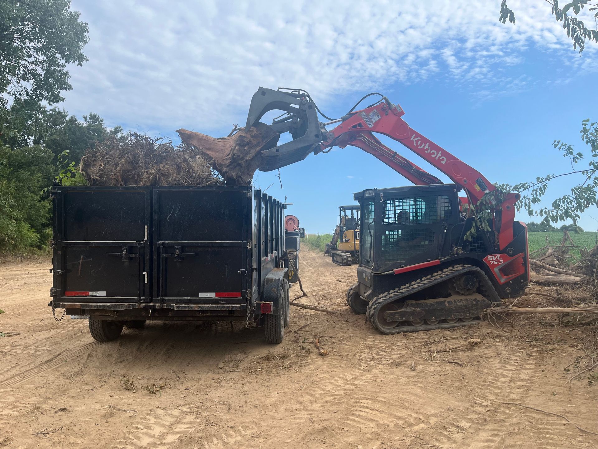 Red excavator loading brush into a black dump truck on a dirt road under a blue sky.