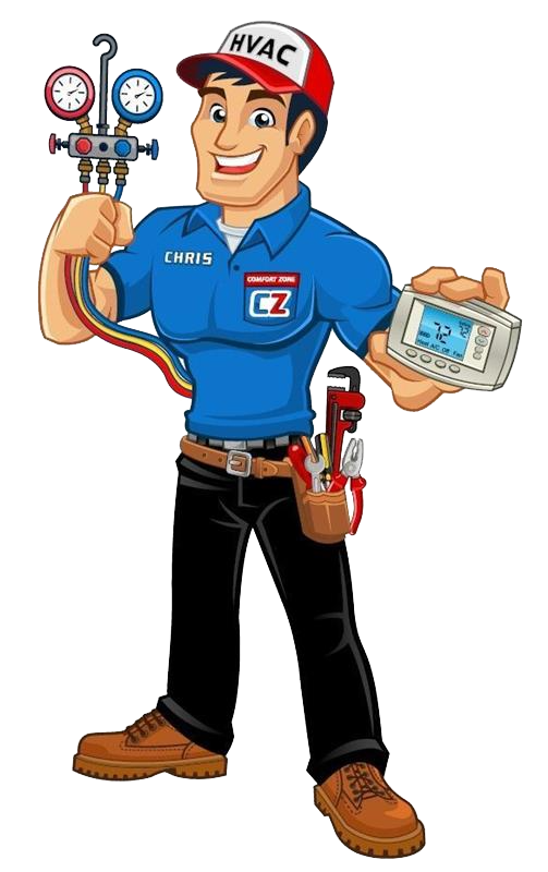 A smiling HVAC technician in a blue uniform, holding pressure gauges in one hand and a thermostat in the other.