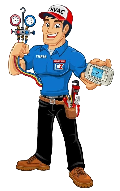 A smiling HVAC technician in a blue uniform, holding pressure gauges in one hand and a thermostat in the other.