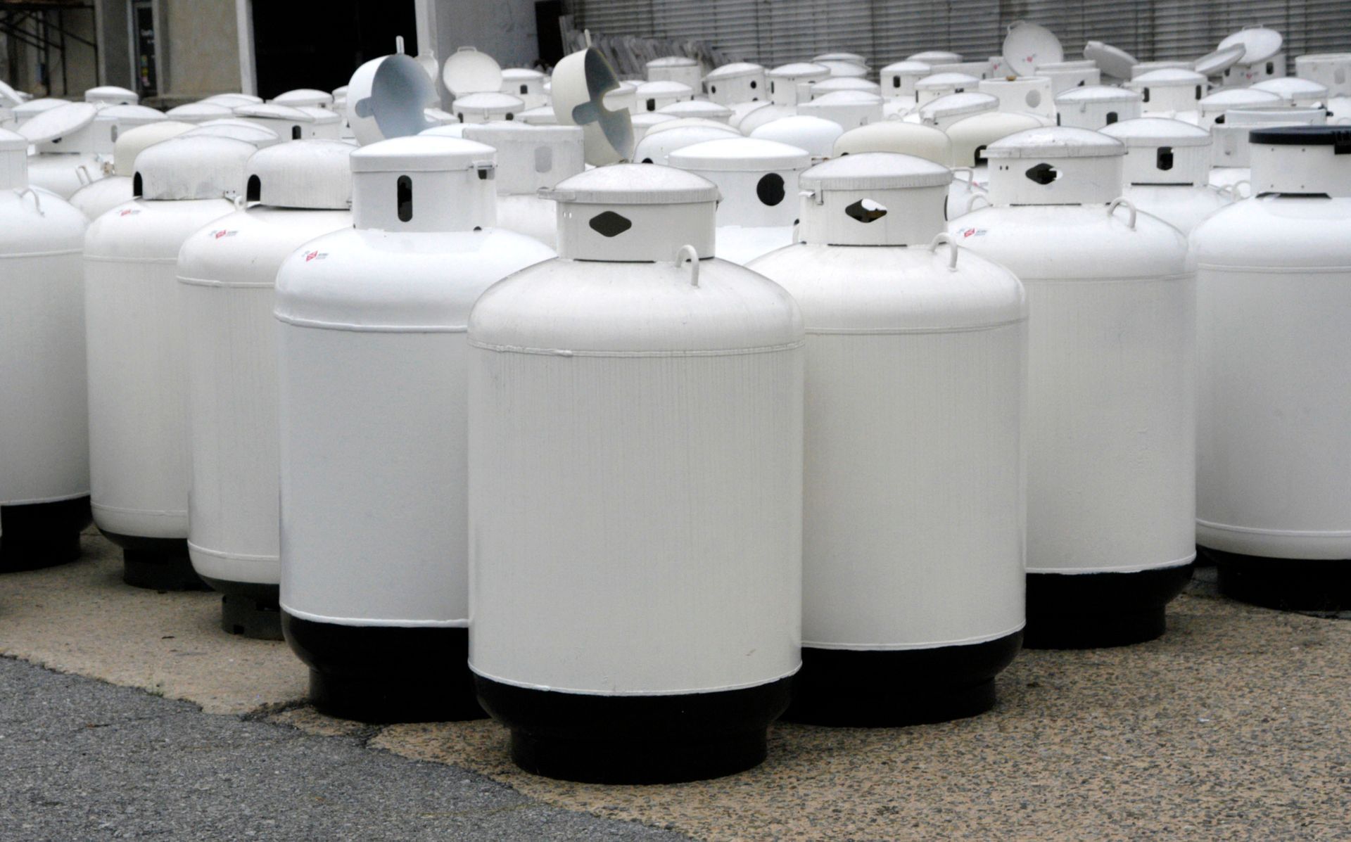 Rows of white propane tanks lined up outdoors on gravel