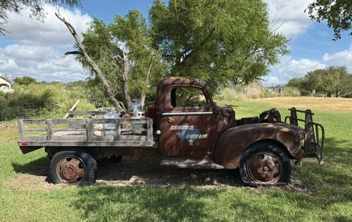 Rusty old pickup truck parked in a grassy field beside trees and a cloudy sky