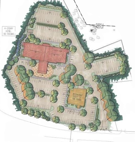 A colorful site plan showing a 4-story, 92-room hotel and a restaurant building surrounded by parking and landscaping.