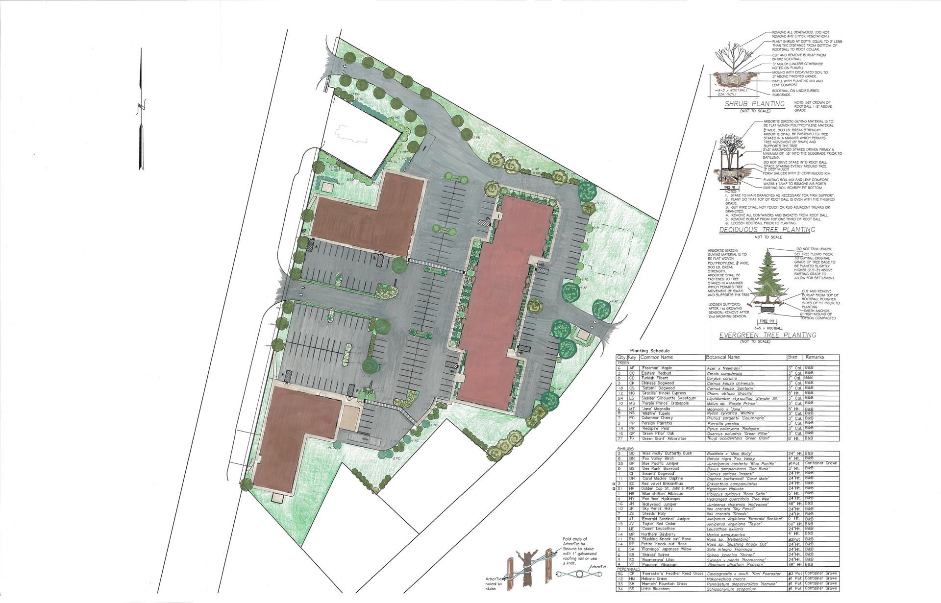 Site plan for a commercial development showing three buildings, a parking lot, surrounding greenery, and a data table.