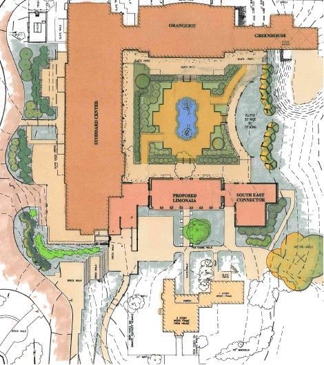 A colored architectural site plan showing a large building layout with courtyards, paths, and surrounding landscape areas.