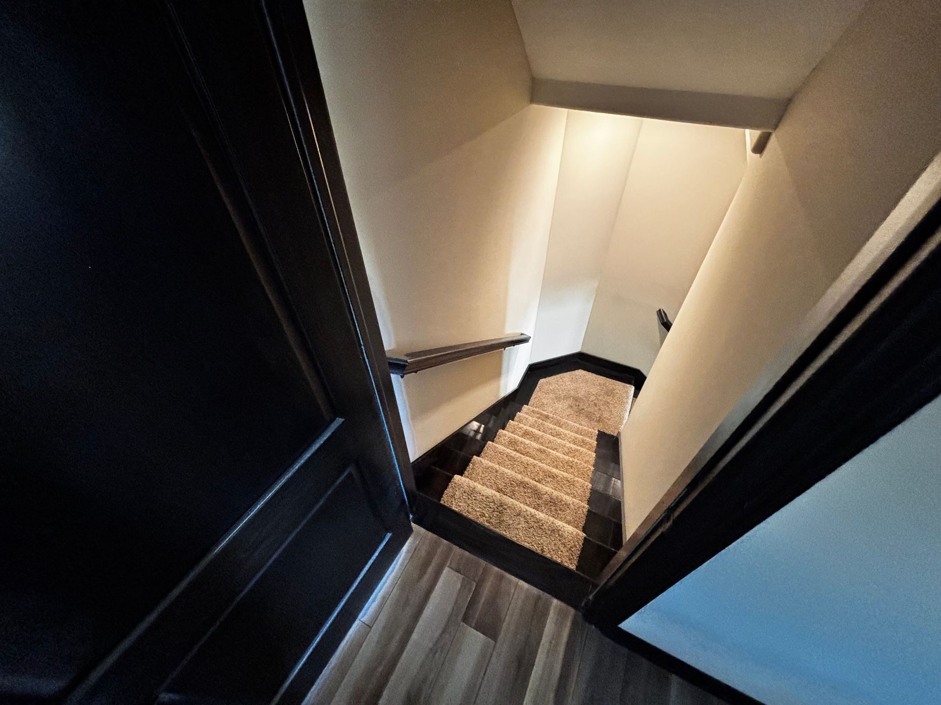 Staircase descending from a doorway, light beige carpet, black trim, handrail, wooden flooring, white walls.