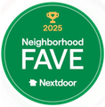 Green Neighborhood Fave badge from Nextdoor, 2025. Features a trophy icon and a house symbol.