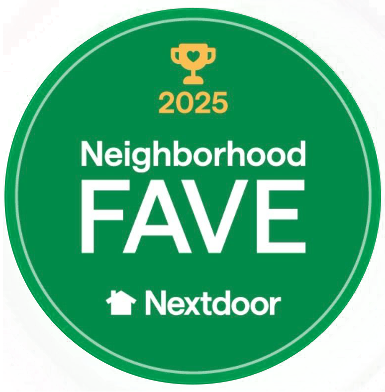 Green Neighborhood Fave badge from Nextdoor, 2025. Features a trophy icon and a house symbol.