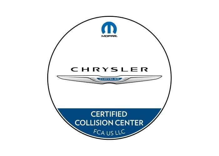 A cChrysler certified collision center logo on a white background