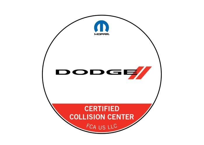 A Dodge certified collision center sticker on a white background