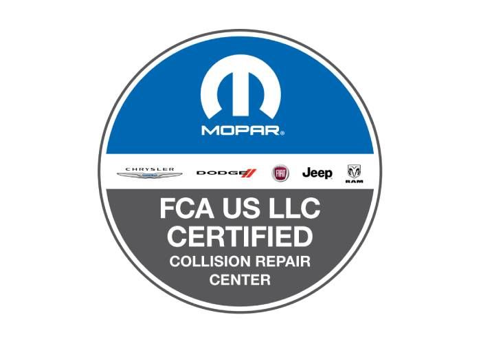 A blue and gray circle that says FCA US LLC certified collision repair center