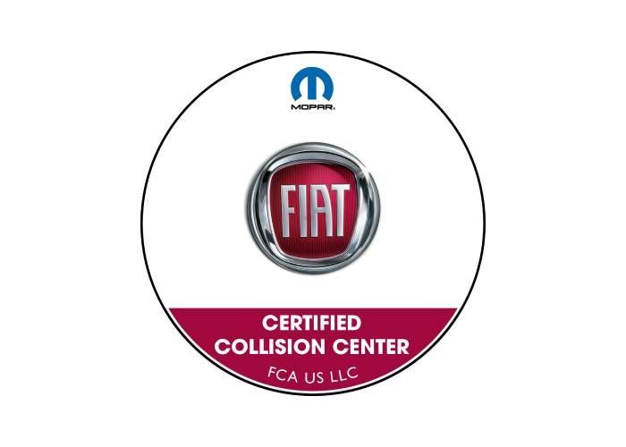 A certified Fiat collision center logo on a white background