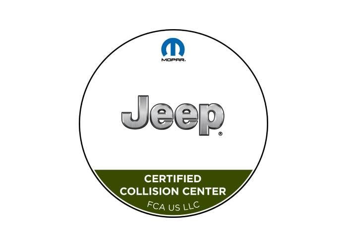 A Jeep certified collision center logo on a white background