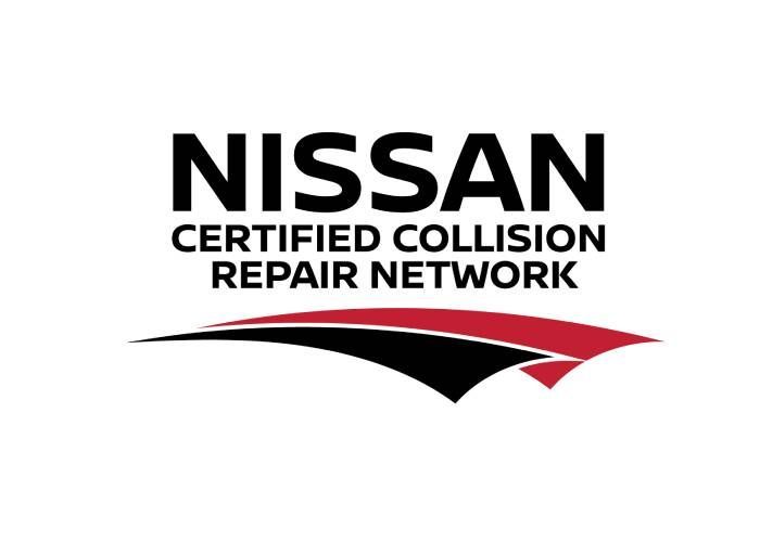 A Nissan certified collision repair network logo on a white background