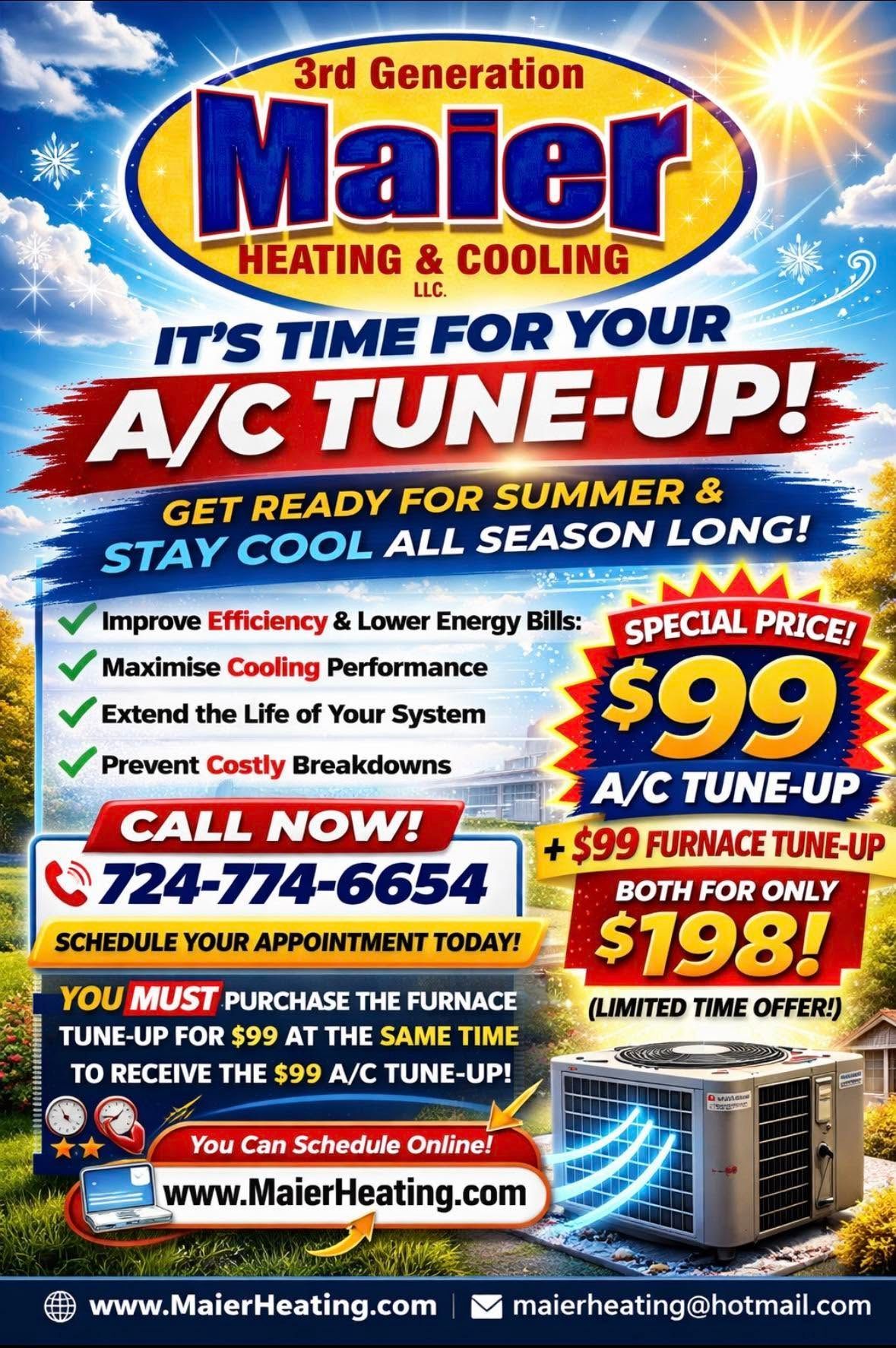 Maier Heating & Cooling AC tune-up ad with $99 special and summer energy-saving claims