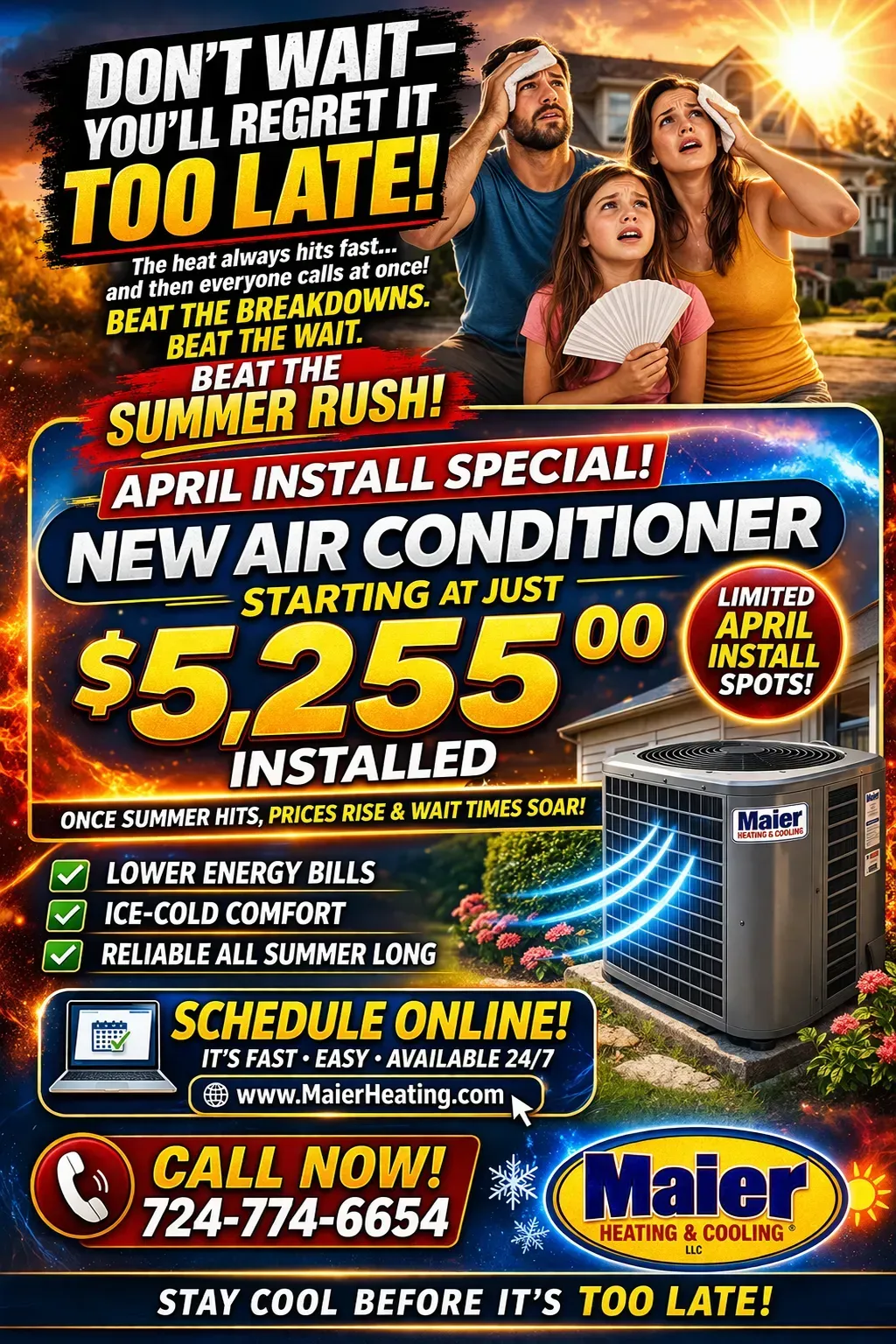 HVAC ad for April special: new air conditioner installed starting at $5,255, with call now and schedule online.