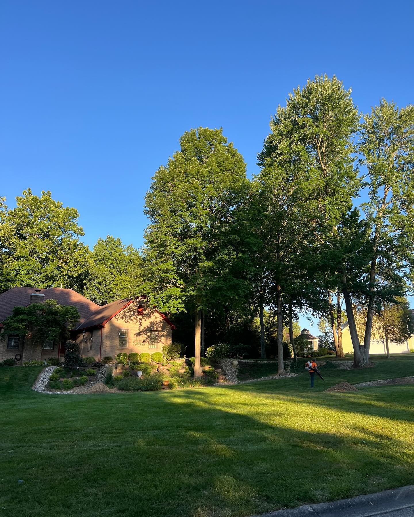 House with brown roof surrounded by green trees and grass, under a blue sky.