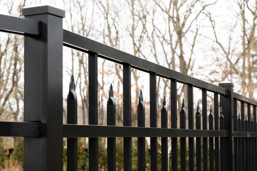 Black metal fence with pointed tops against a blurred tree background.