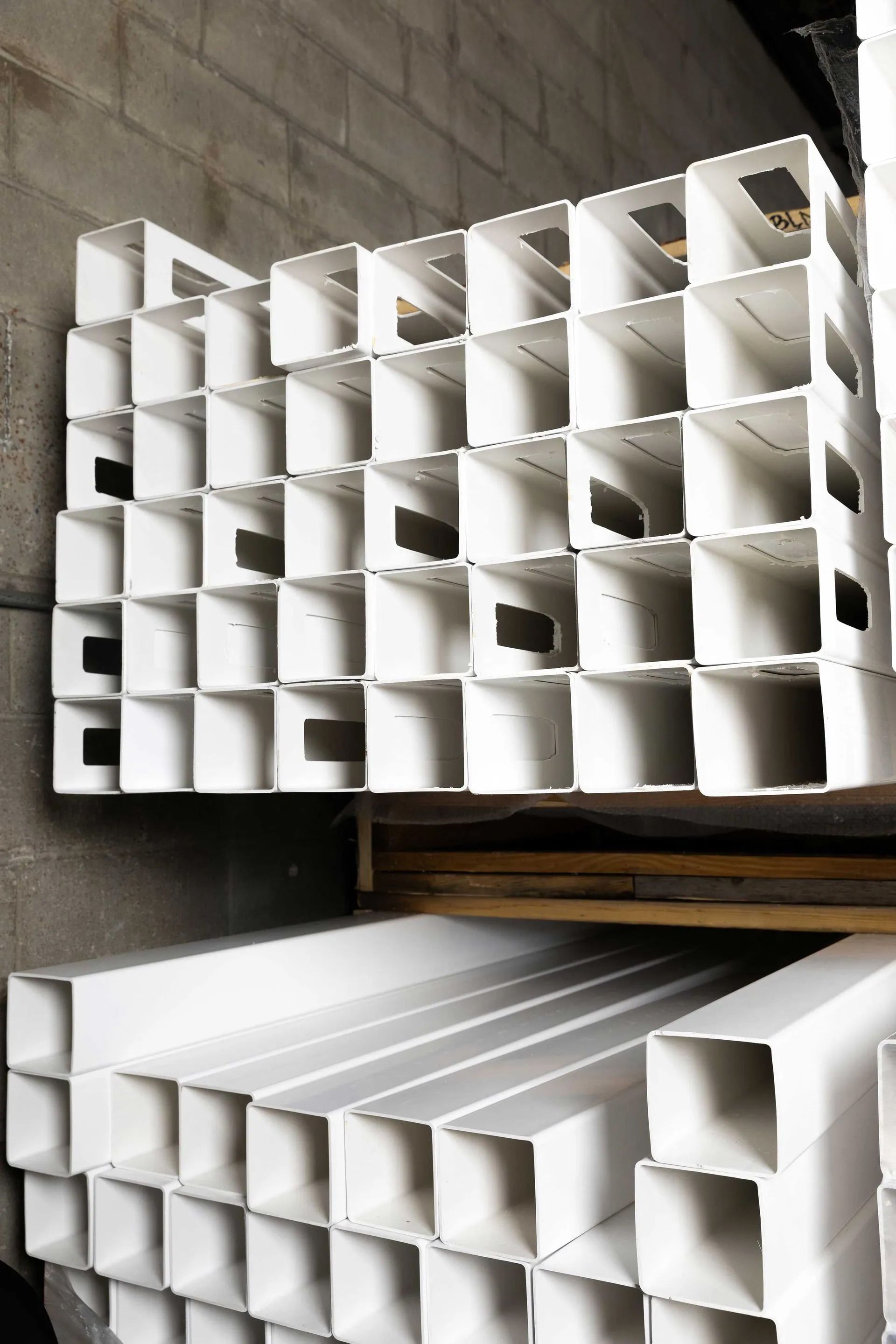White square plastic frame components stacked on a pallet in a warehouse.