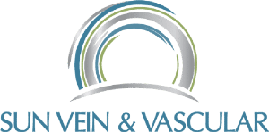 Logo for Sun Vein & Vascular: A curved design with blue, green, and silver arches above text in blue.