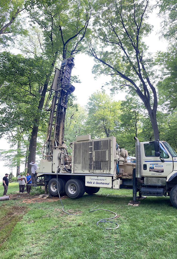 A truck is parked in a grassy field with trees in the background.