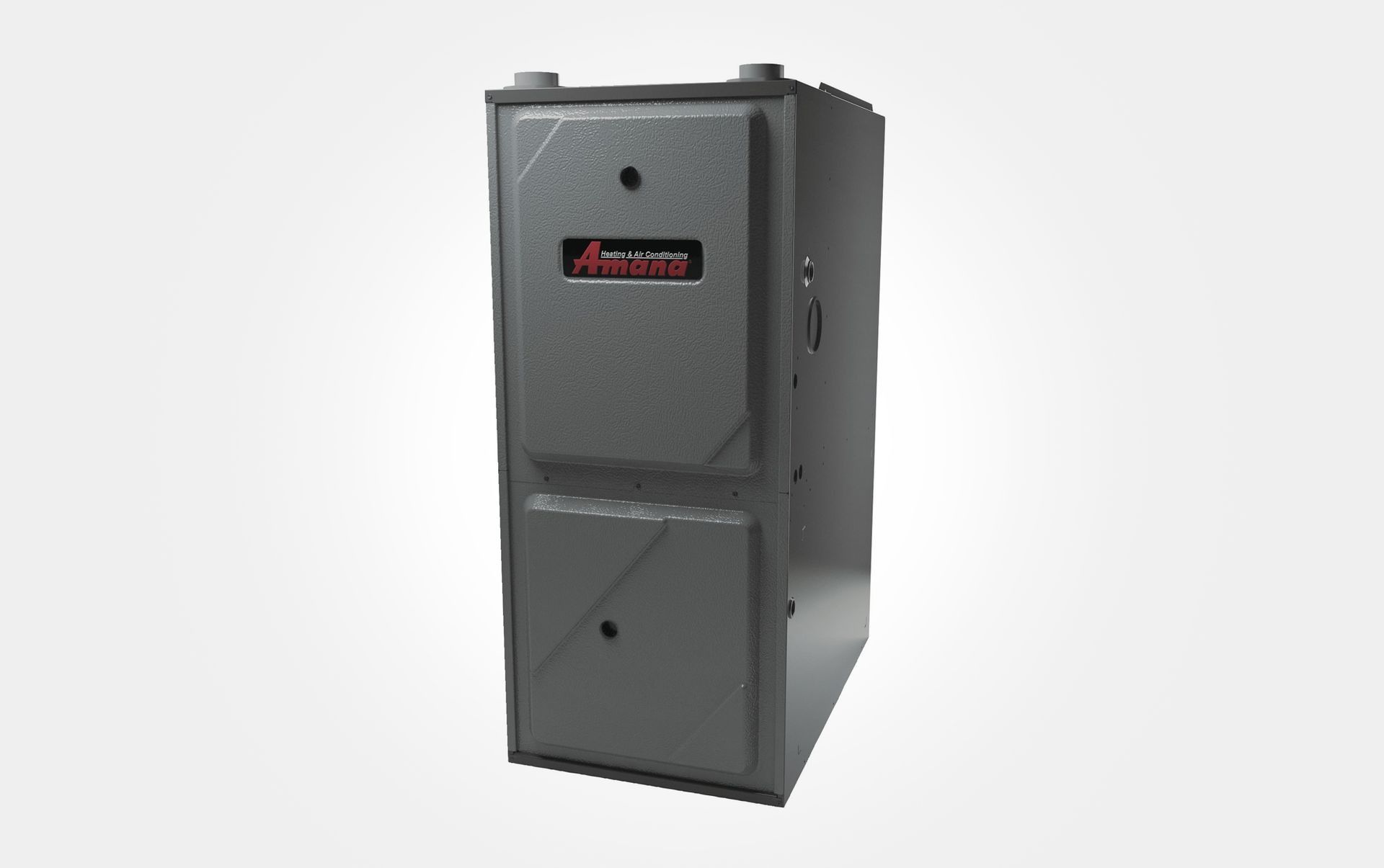 Gray metal furnace or HVAC unit with a front access panel, shown on a white background