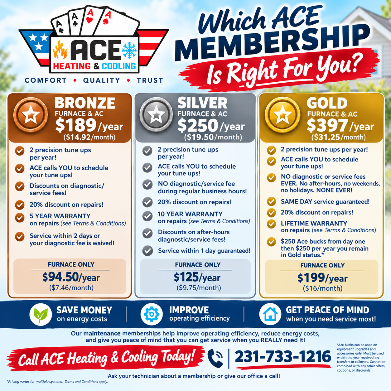 ACE Heating & Cooling membership flyer comparing Bronze, Silver, and Gold plans with prices and benefits.