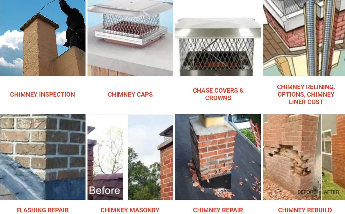 Chimney repair service images: inspection, caps, crowns, relining, flashing, masonry, repair, rebuild.