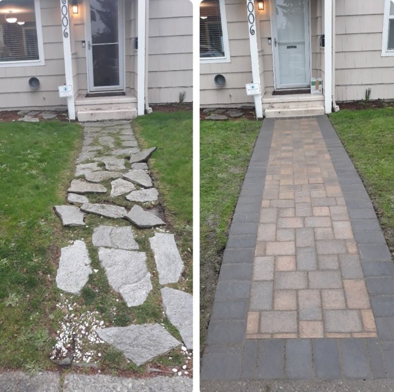 A before and after picture of a stone walkway