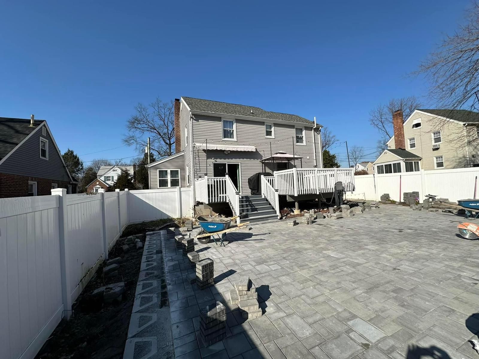 The backyard of a house is being remodeled.