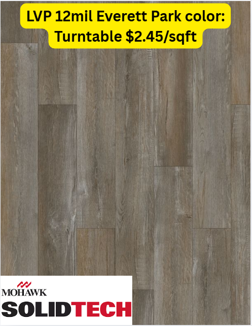 Sample of Mohawk SolidTech LVP flooring in the color Turntable, featuring a gray-brown wood grain pattern.