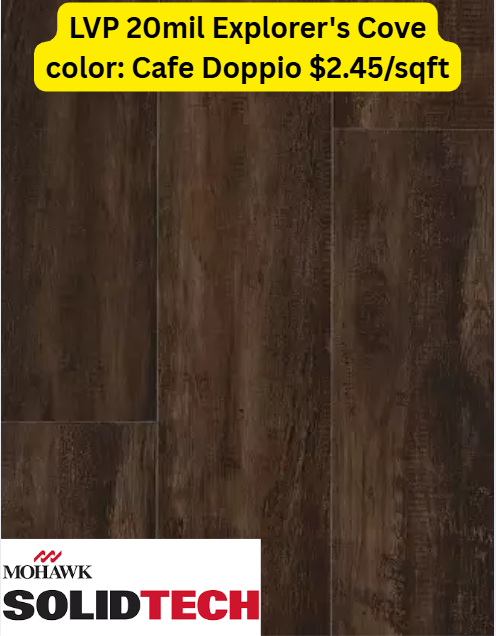 Samples of dark brown wood-look LVP flooring by Mohawk SolidTech, labeled as Explorer's Cove color Cafe Doppio at $2.45/sqft.