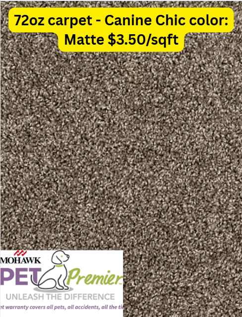 A sample of brown, flecked carpet labeled 72oz Mohawk PET Premier, Canine Chic color, priced at $3.52/sqft.