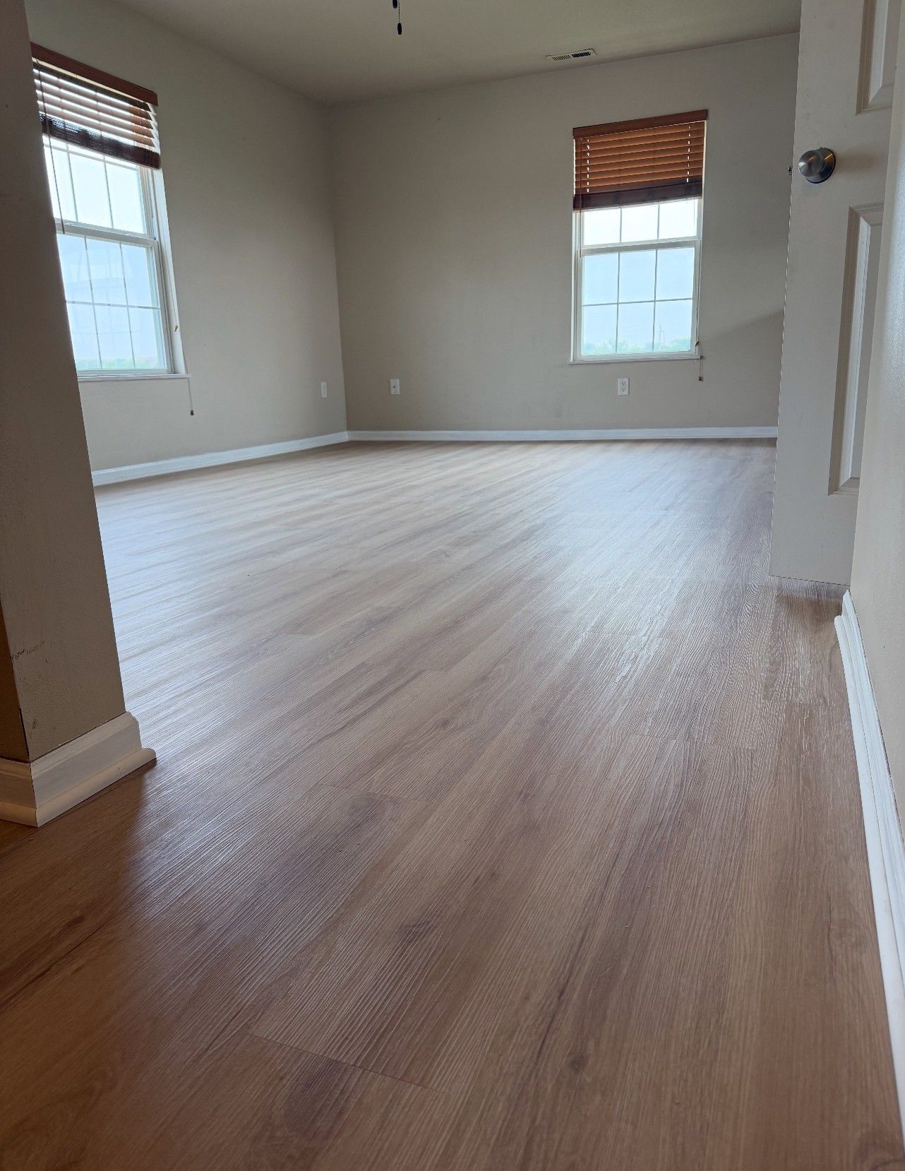 Empty room with wood-look flooring, two windows with blinds, and neutral walls.