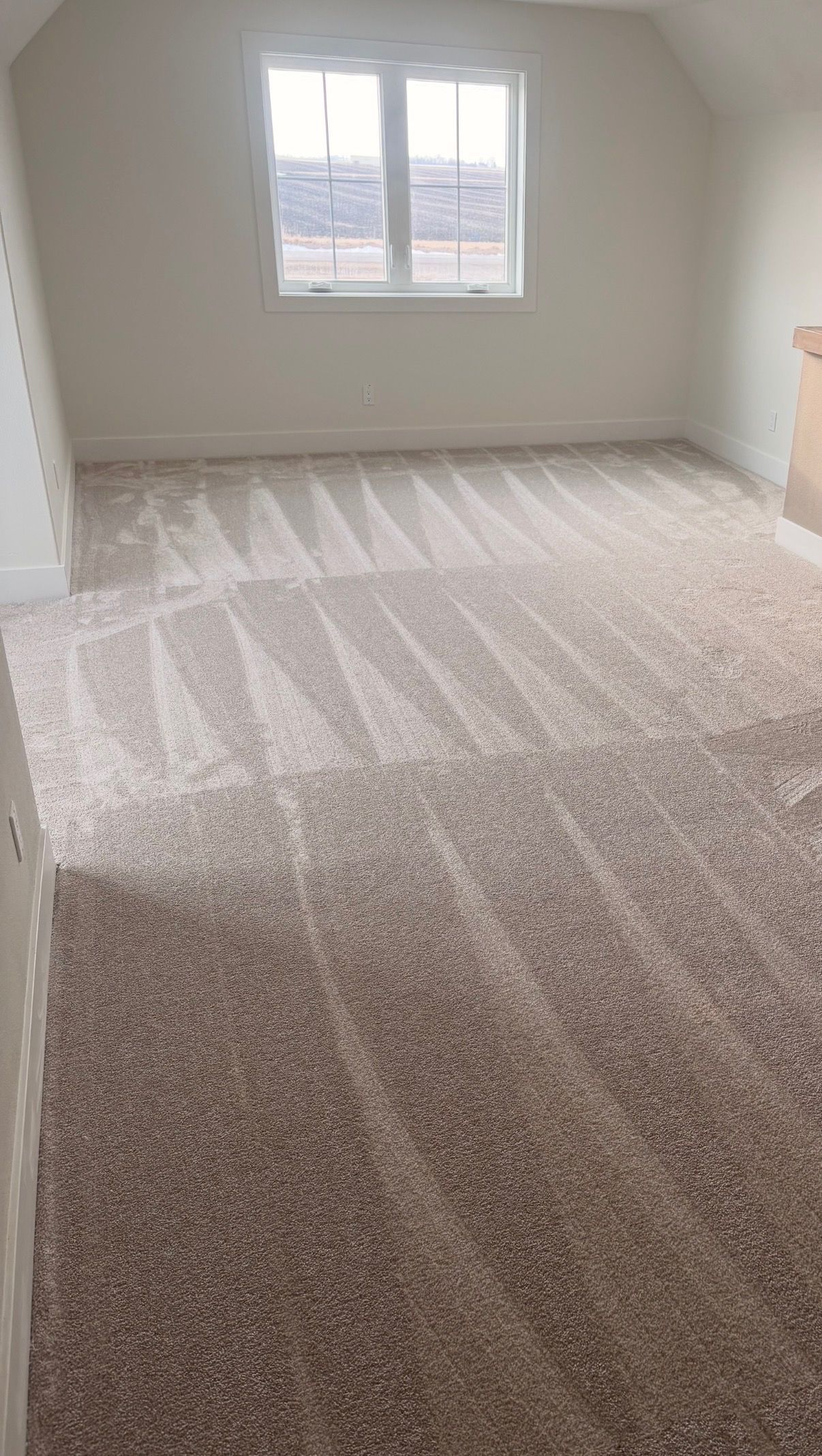 Room with light brown carpet, white walls, and a window.