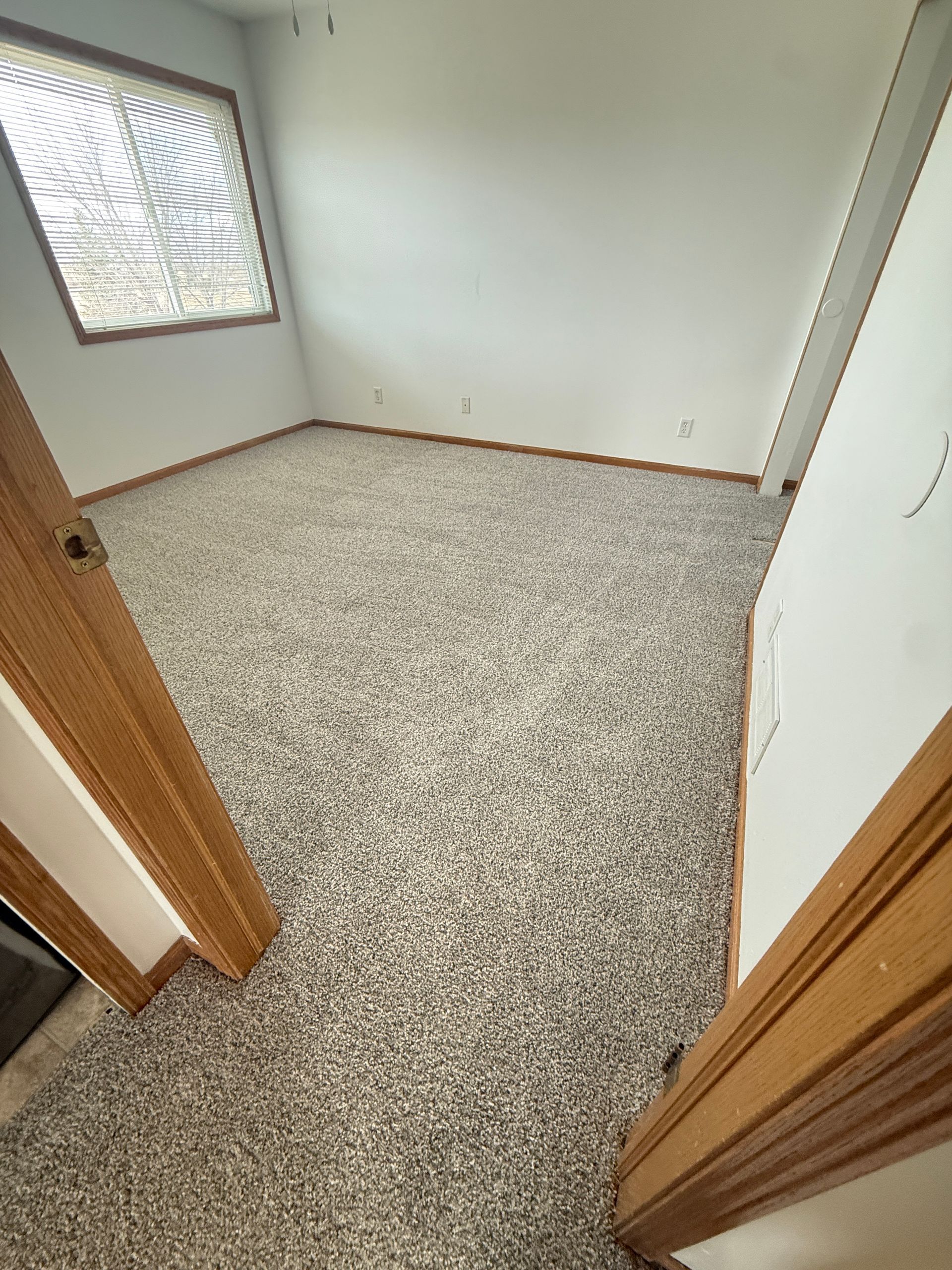 Empty room with neutral-colored carpet and white walls. A window with blinds is on the left. Two wooden door frames are visible. 