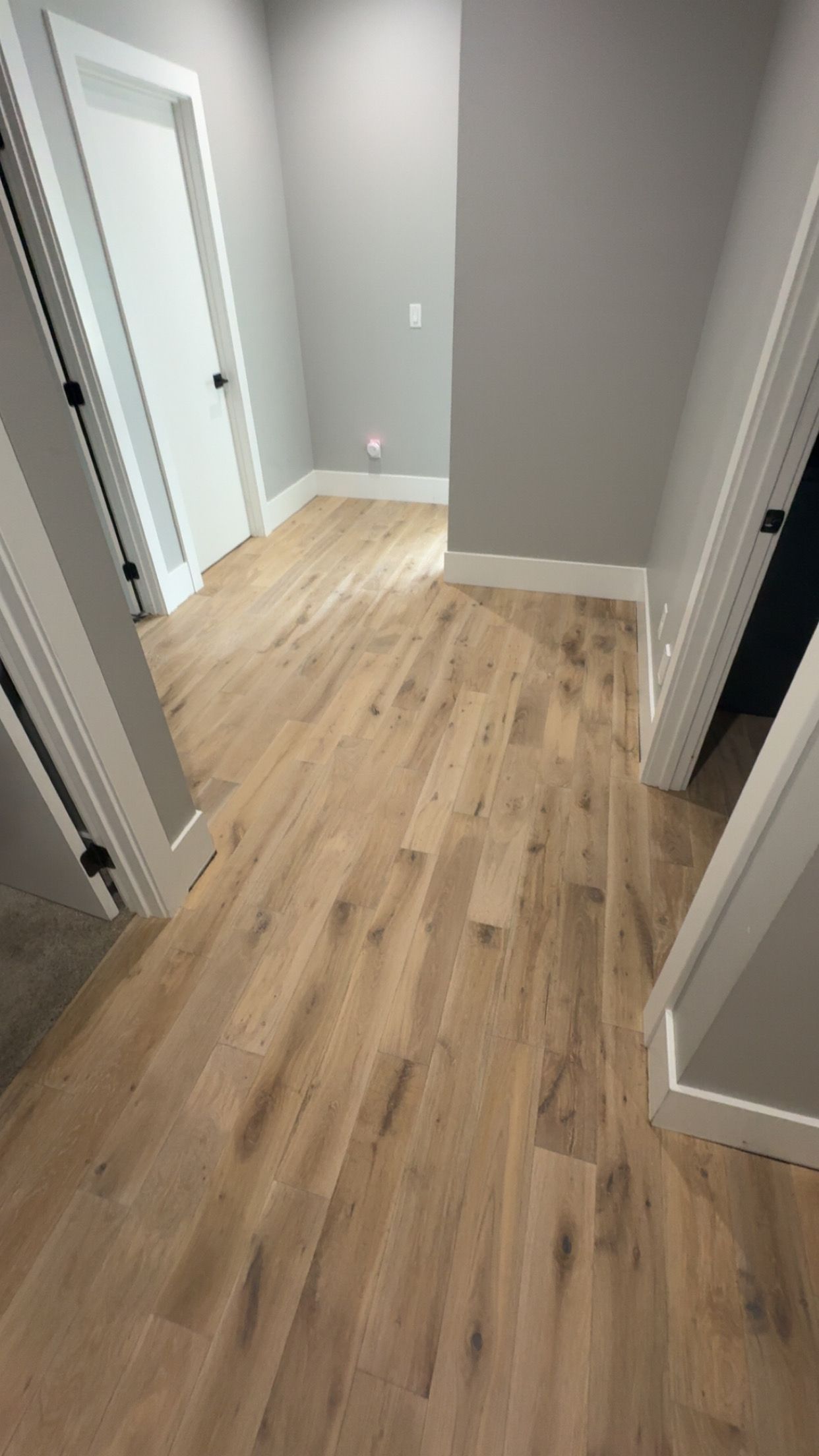 Hallway with light wood floors, gray walls, and white trim. Two open doors are visible. 