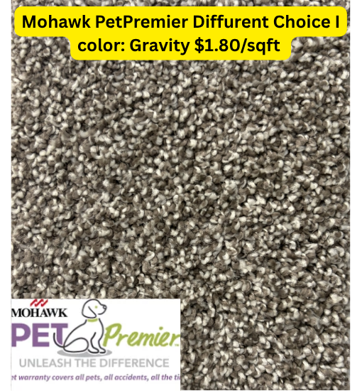 Mohawk PetPremier carpet sample in Gravity color, brown-gray textured pile, $1.80/sqft