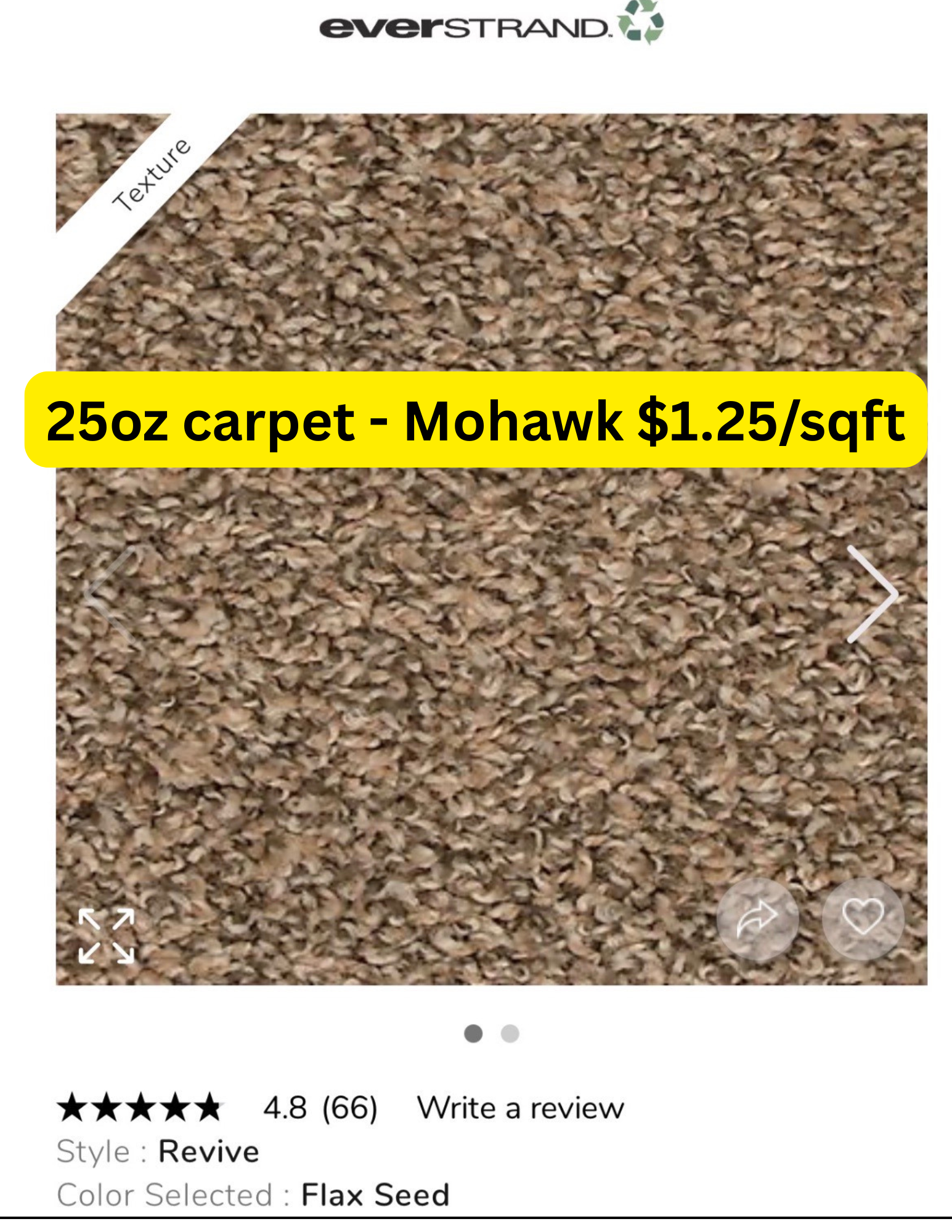 A brown, textured Mohawk EverStrand carpet sample in the color Flax Seed, priced at $1.25 per square foot.