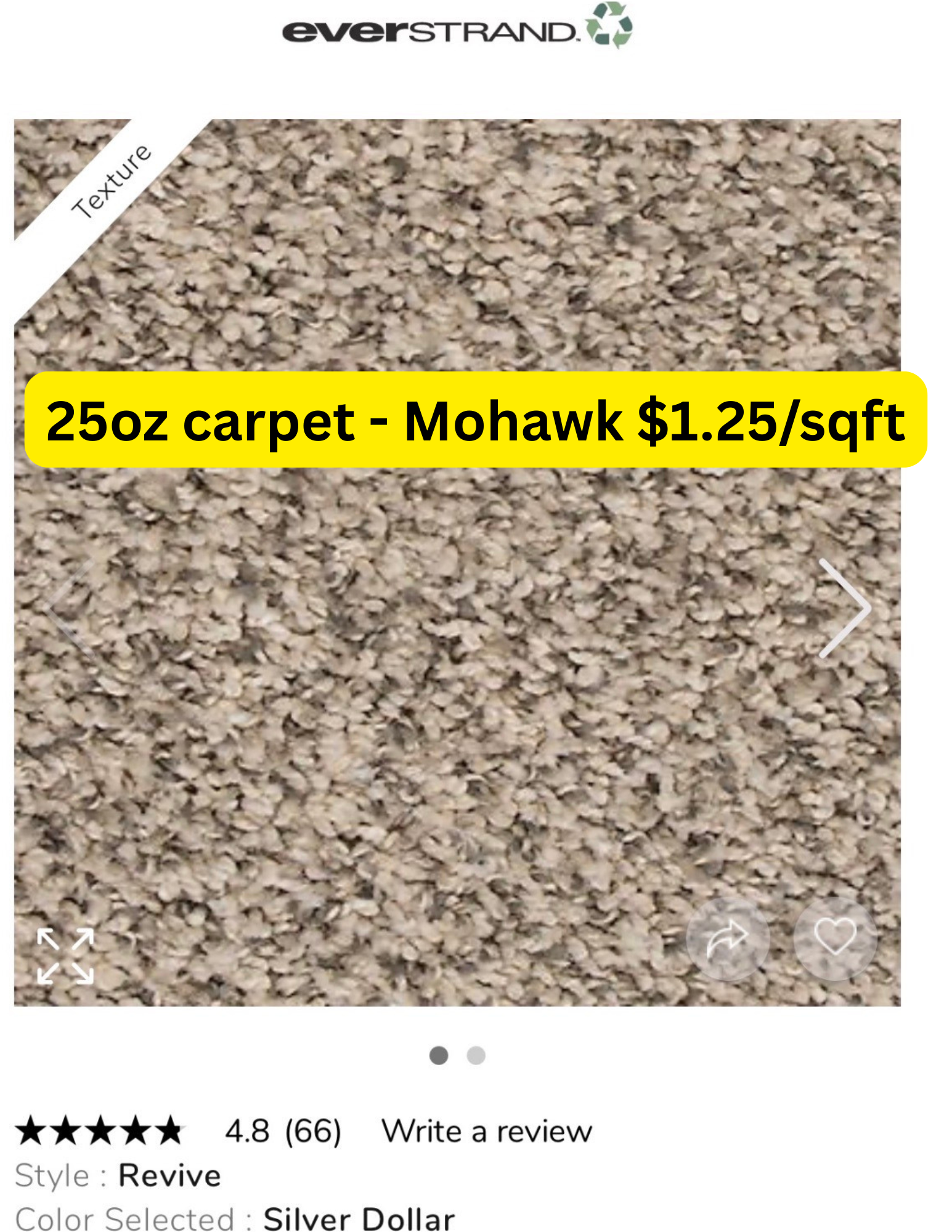 EverStrand Mohawk texture carpet in Silver Dollar color, priced at $1.25 per square foot.