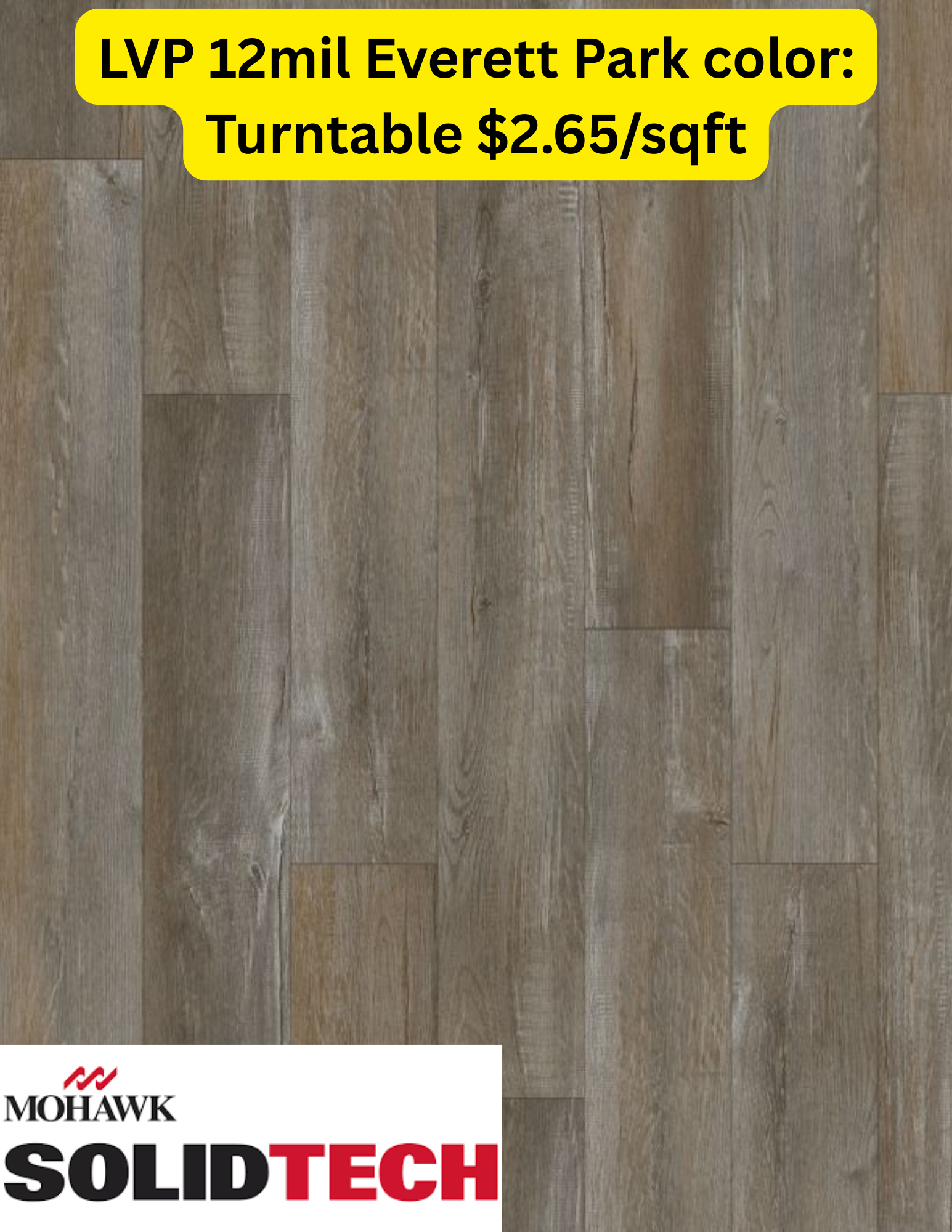 Sample of Mohawk SolidTech LVP flooring in the color Turntable, featuring a gray-brown wood grain pattern.