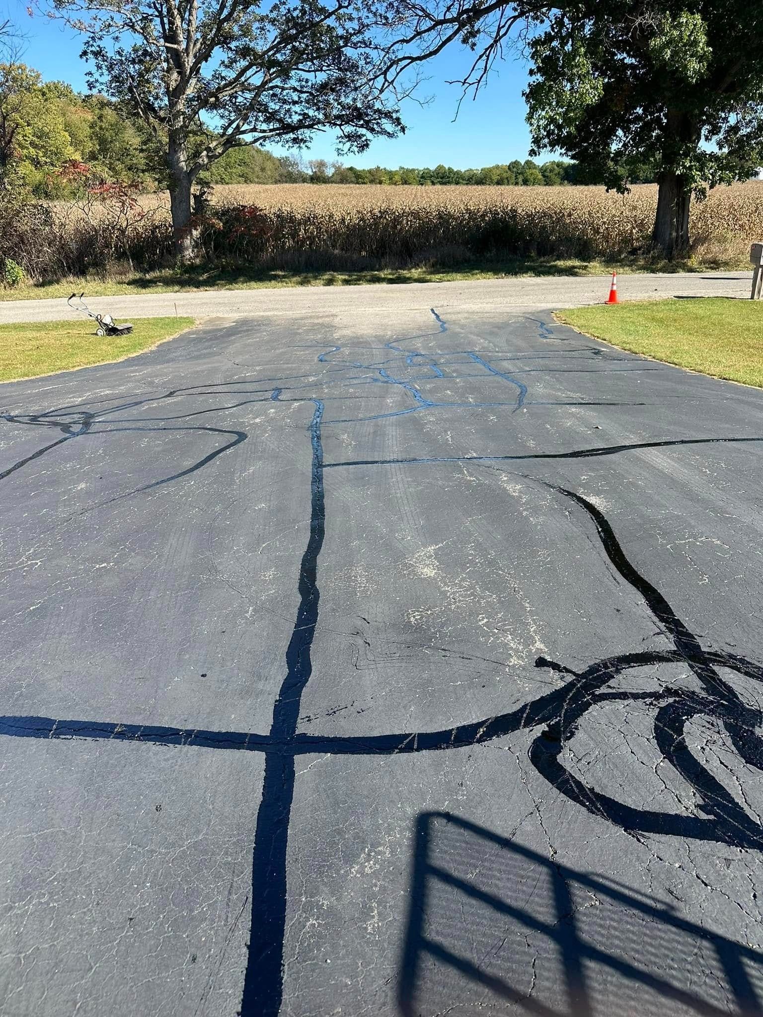 Asphalt driveway with black sealant lines; farmland in background.