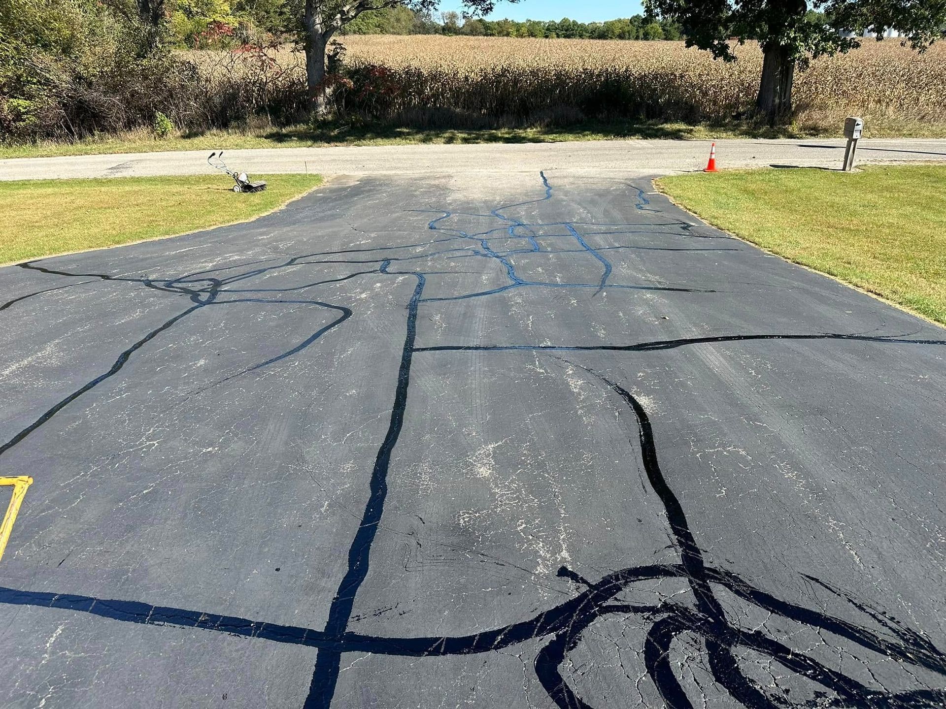 Black asphalt driveway with crack sealant, leading toward a rural field and trees.
