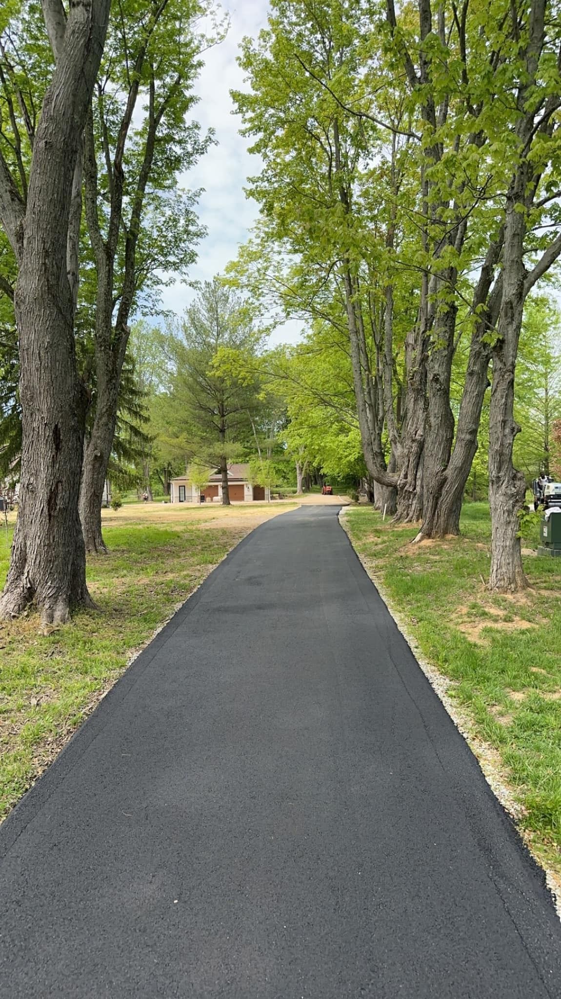 Asphalt path lined with trees, leading towards a small structure in the distance.