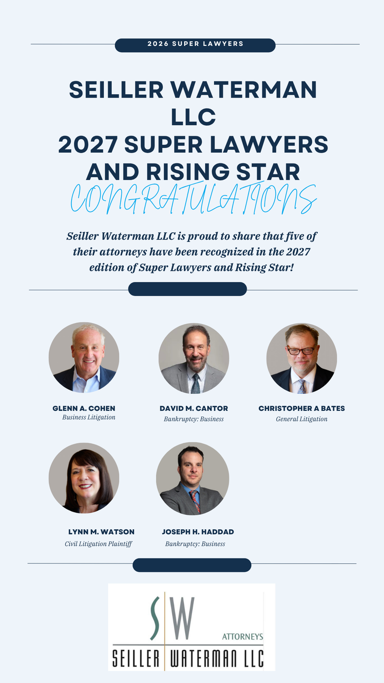 2027 Super Lawyers and Rising Stars award poster with five attorney headshots and Seller Waterman branding